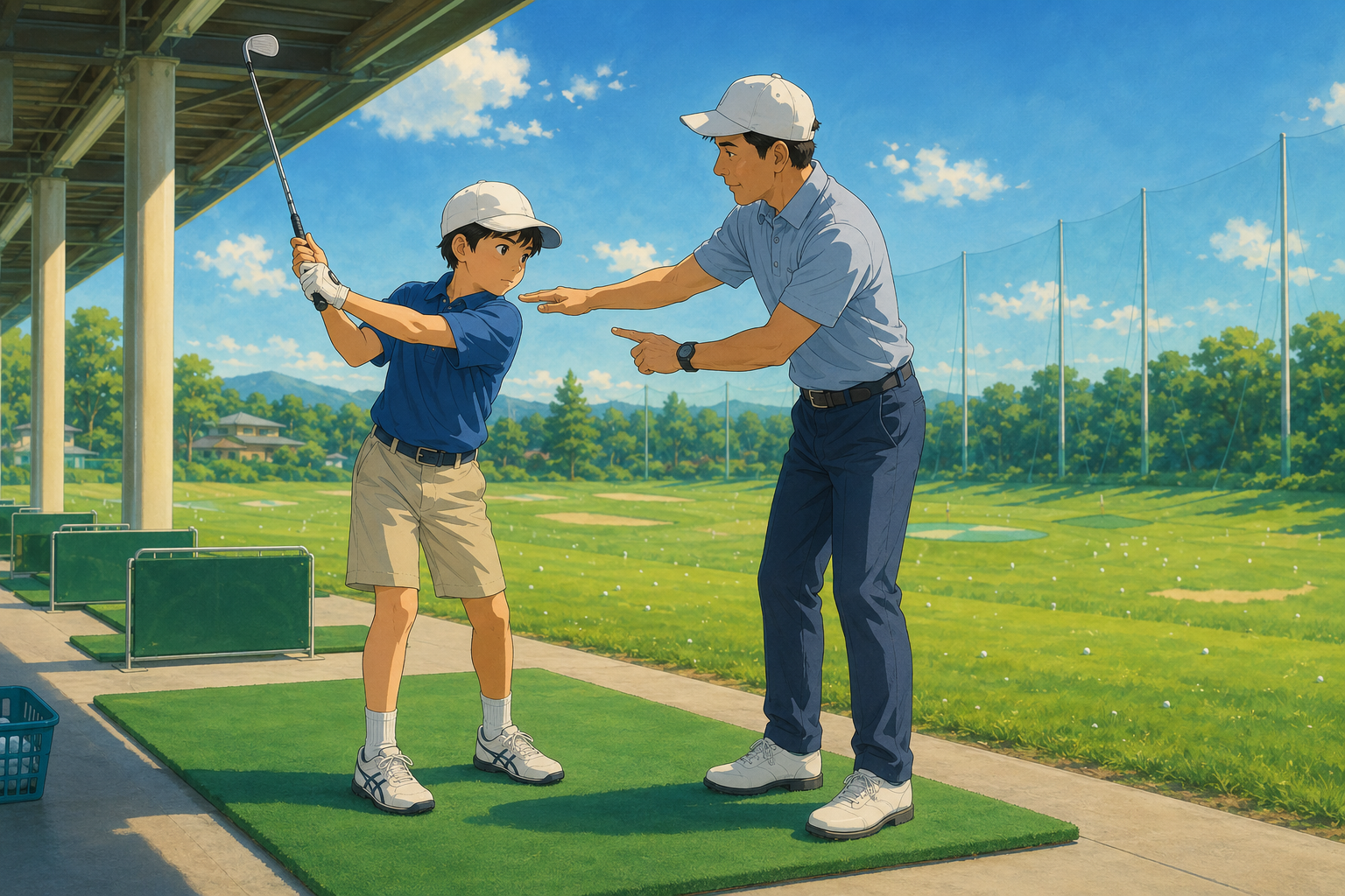 コーチから指導を受けるジュニアゴルファー